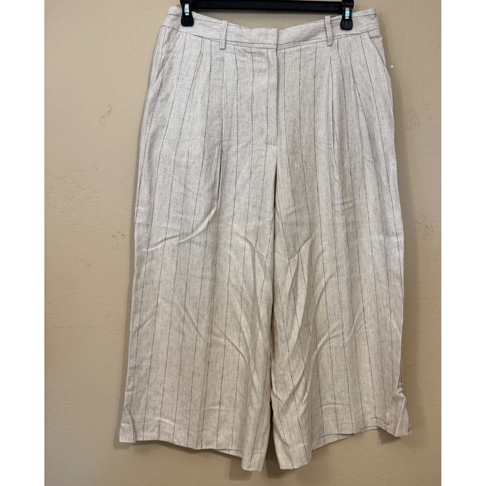 Worthington Wide Leg Pants Women 14P Beige Pinstripe Linen Blend Relaxed Fit NEW